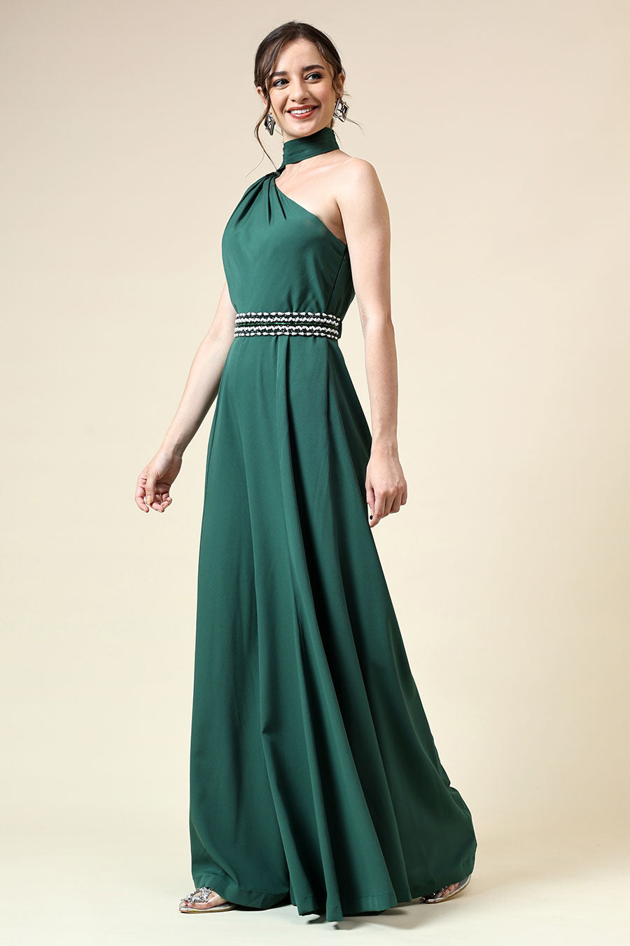 Botle Green Draped Jumpsuit With Embellished Belt