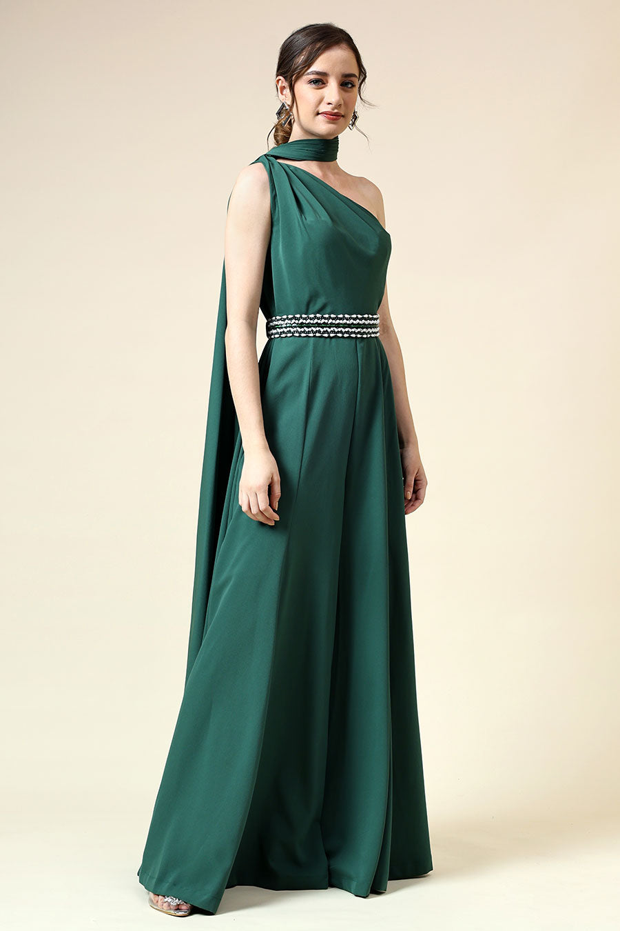 Botle Green Draped Jumpsuit With Embellished Belt