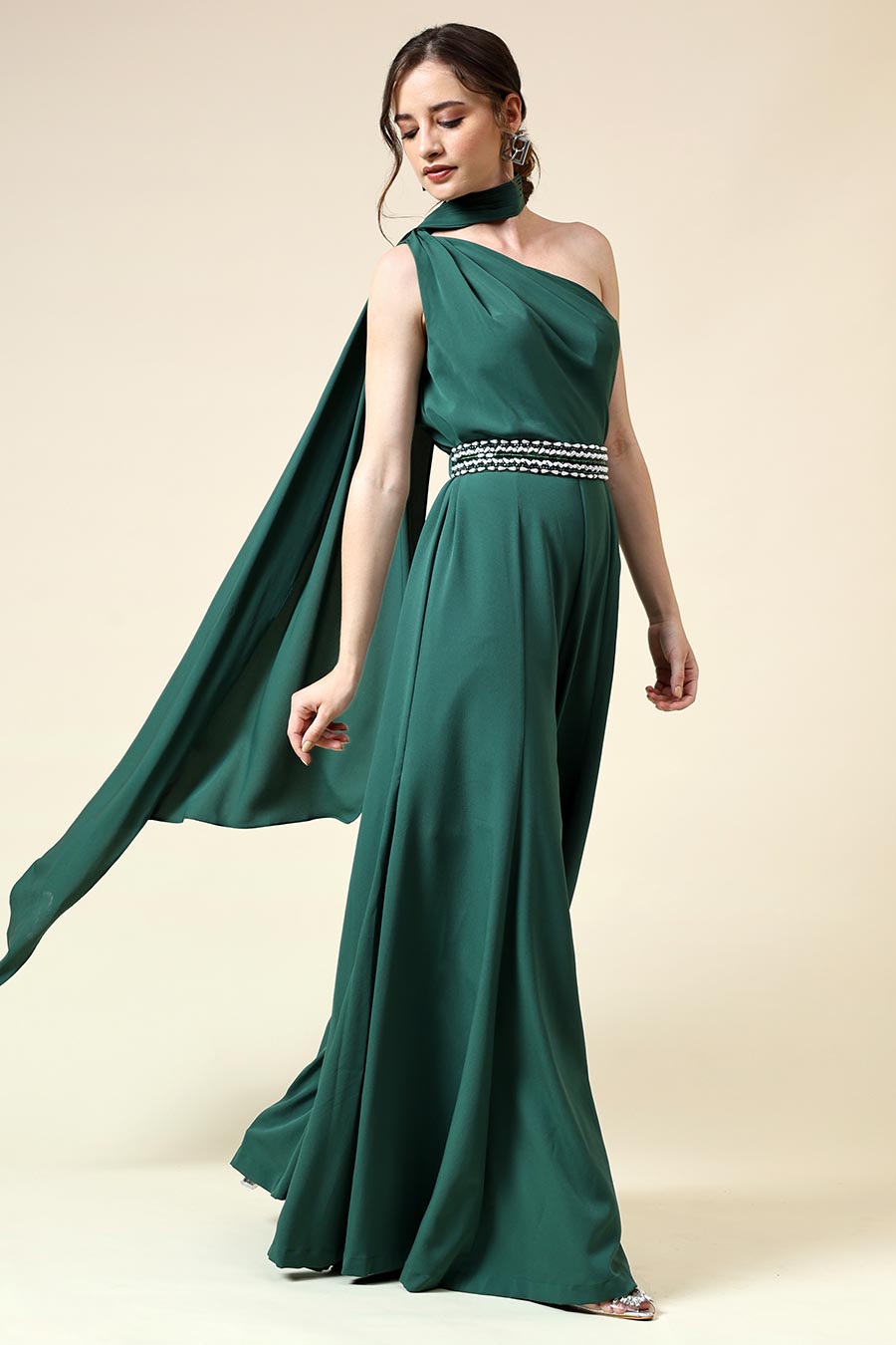 Botle Green Draped Jumpsuit With Embellished Belt