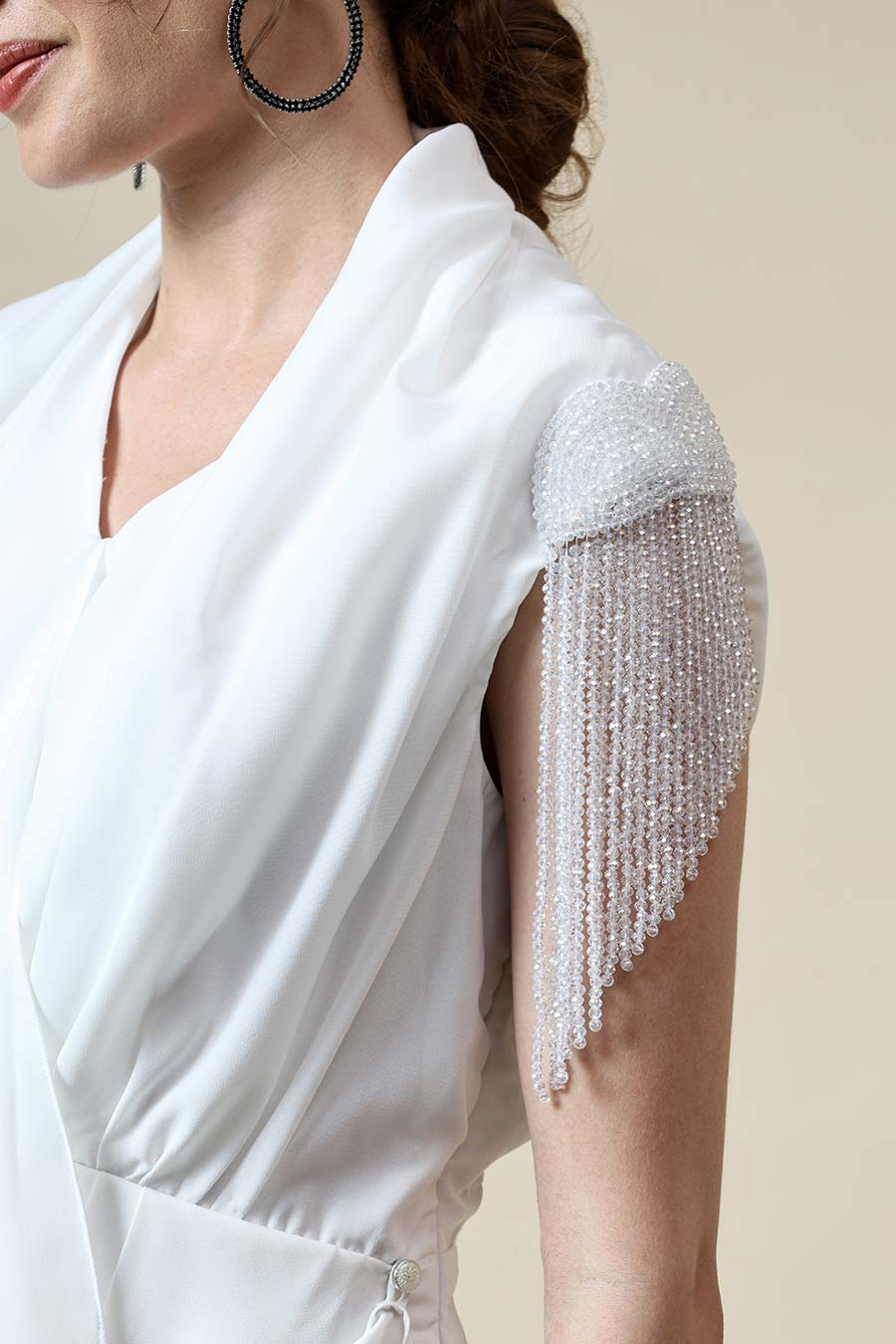 Pearl White Crystal Embellished Drape Dress