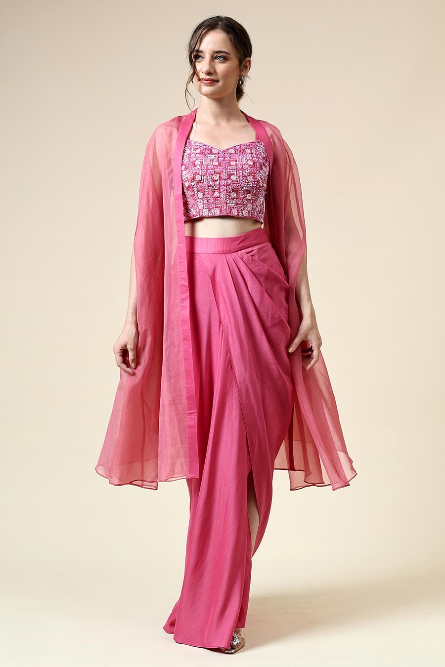 Pink Embellished Top & Skirt Set With Cape