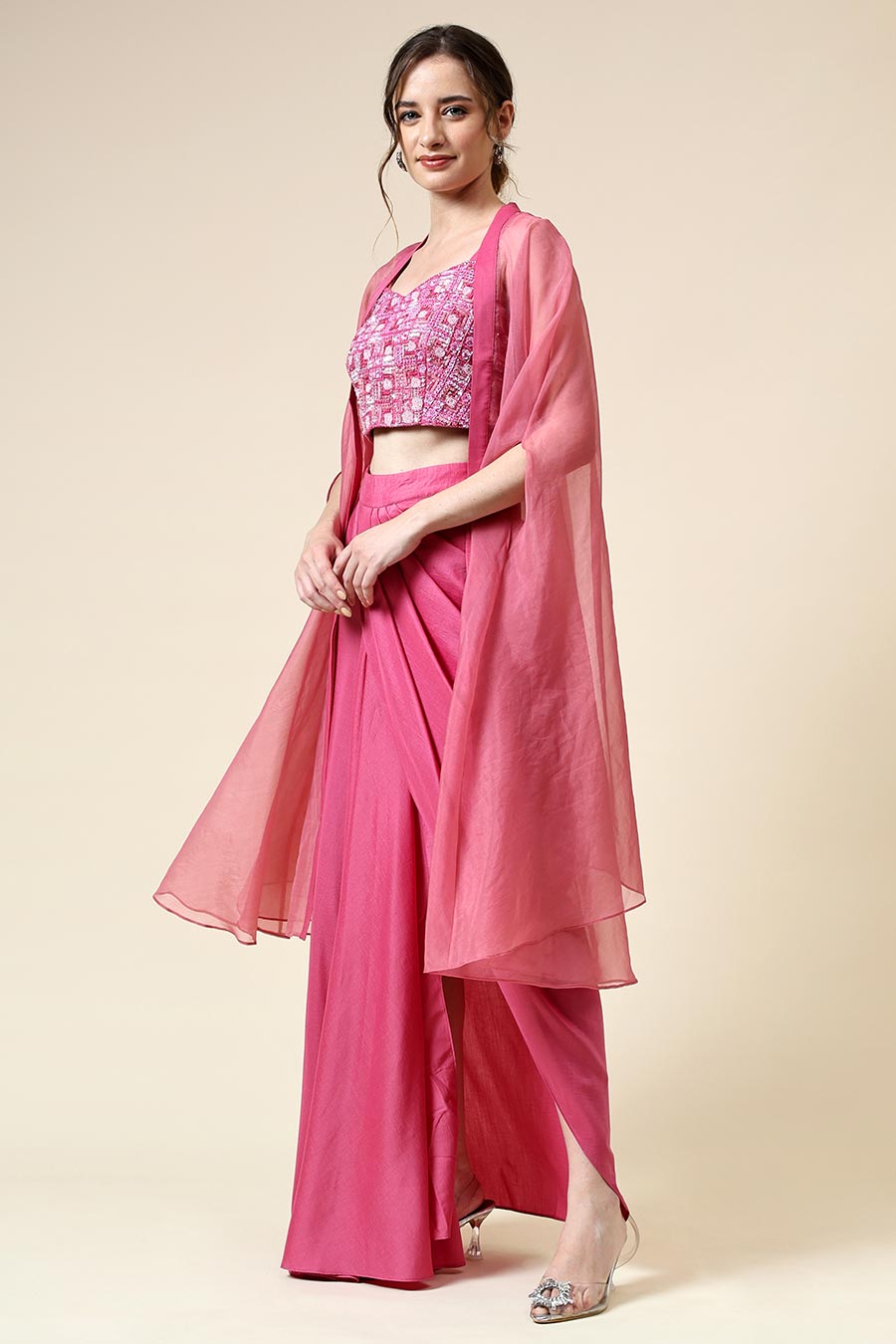 Pink Embellished Top & Skirt Set With Cape