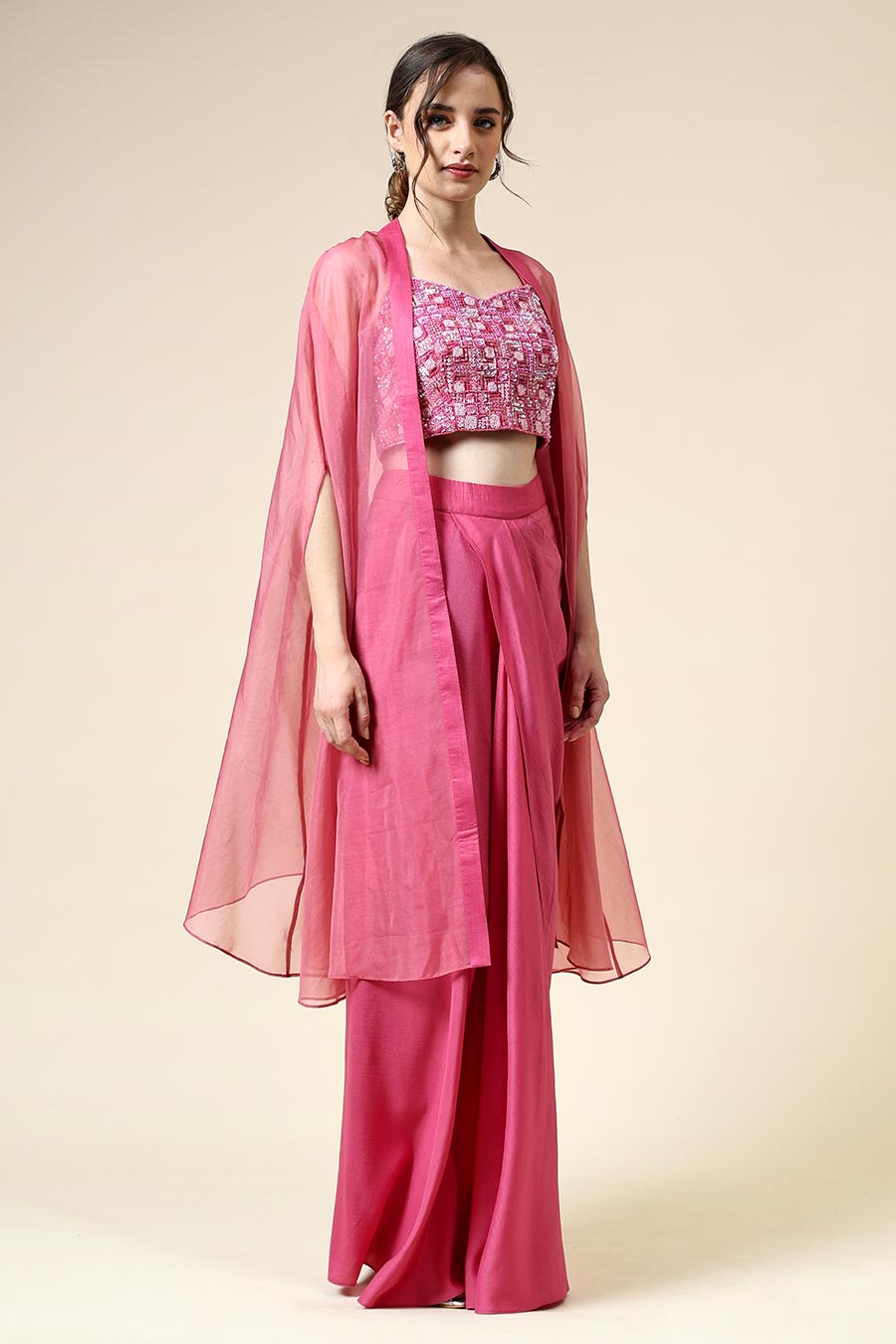 Pink Embellished Top & Skirt Set With Cape