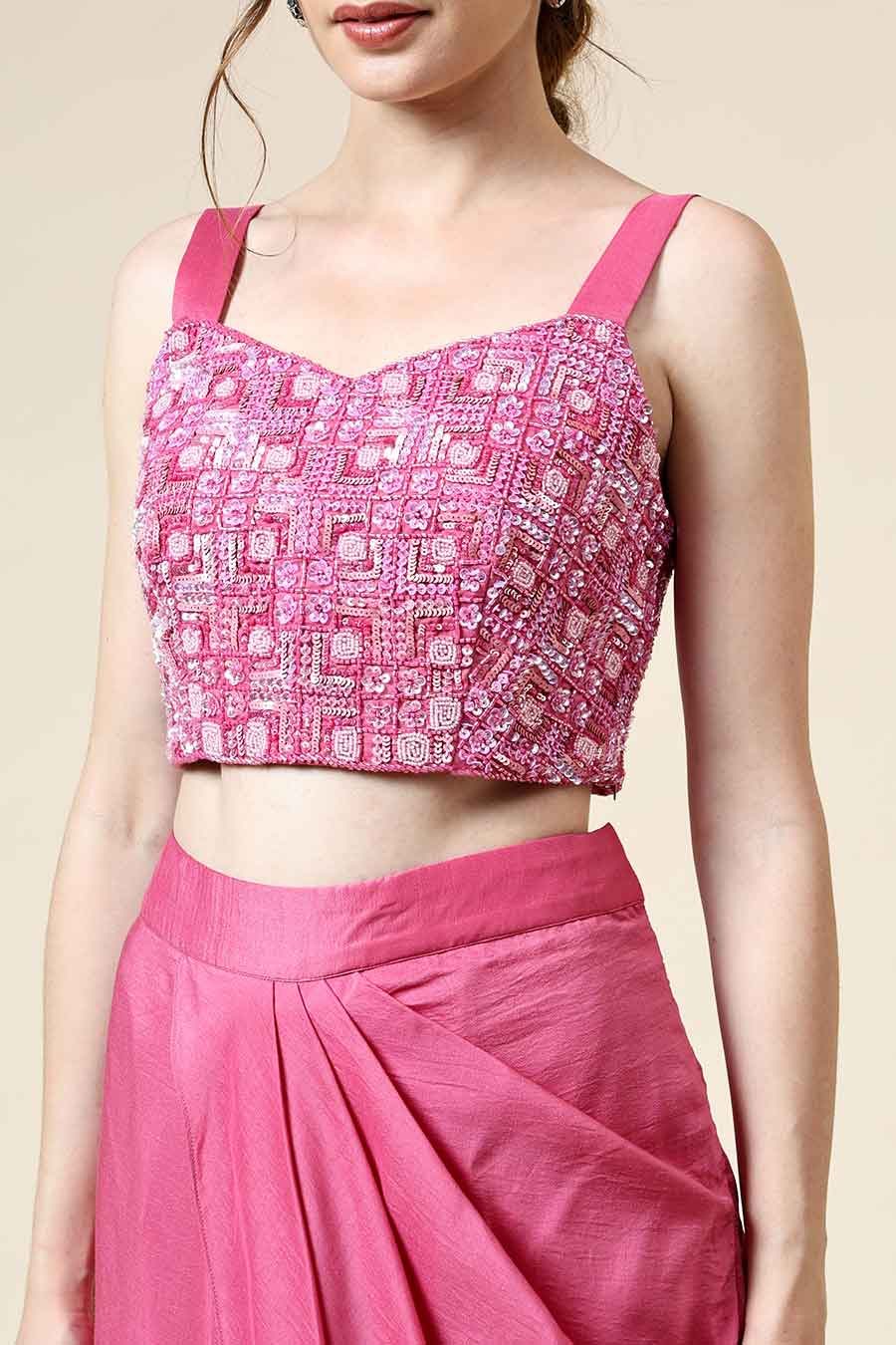 Pink Embellished Top & Skirt Set With Cape