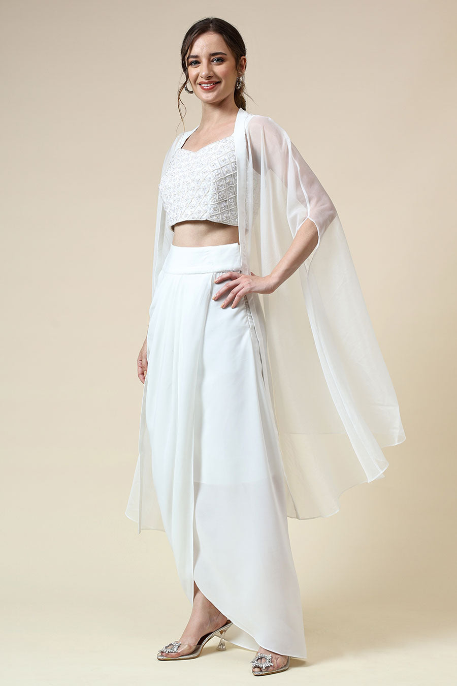 White Pearl Embellished Top & Skirt Set With Cape