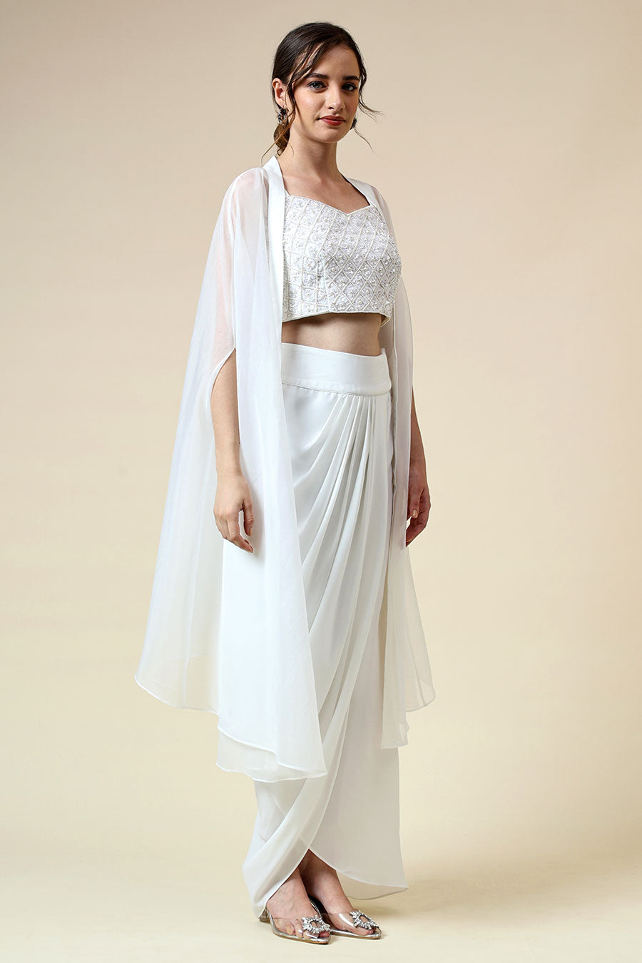 White Pearl Embellished Top & Skirt Set With Cape