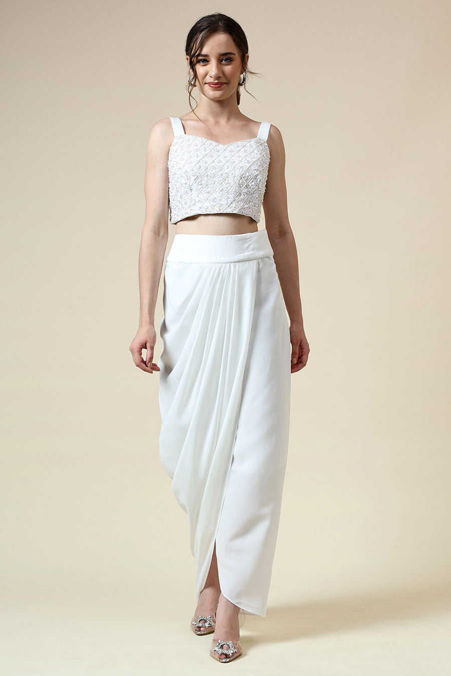 White Pearl Embellished Top & Skirt Set With Cape