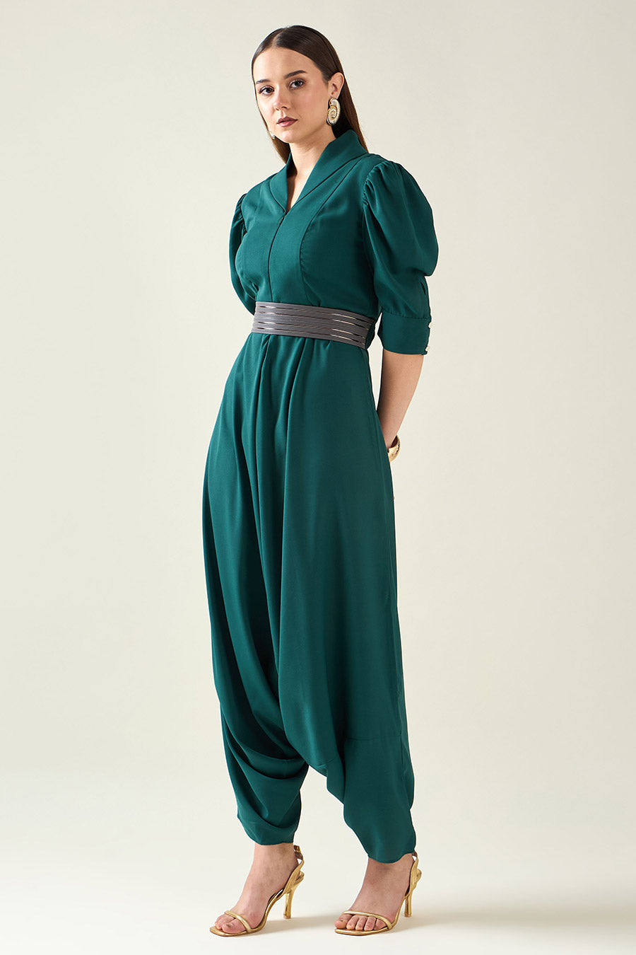 Green Alloy Jumpsuit With Metallic Finish Belt