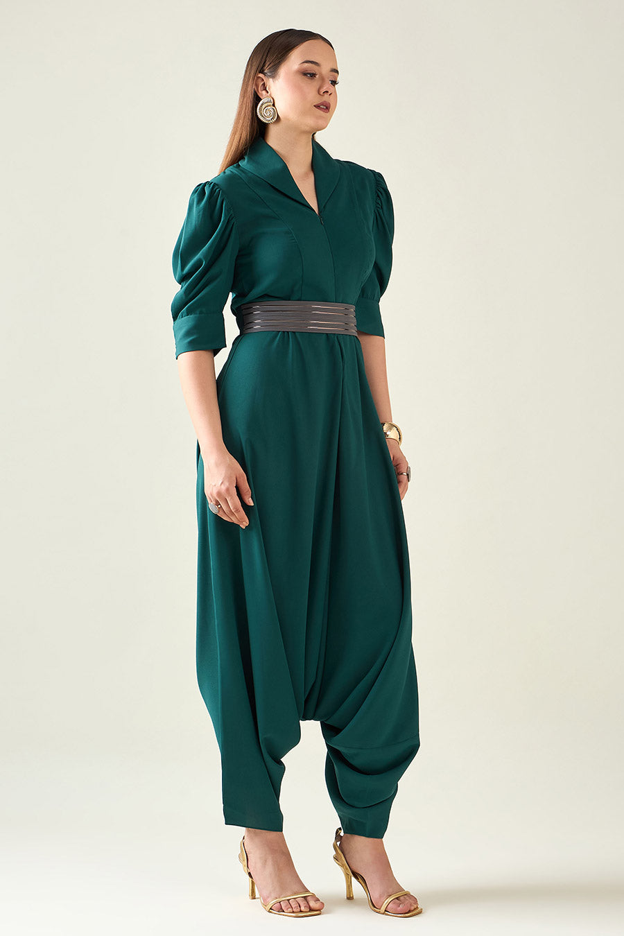 Green Alloy Jumpsuit With Metallic Finish Belt