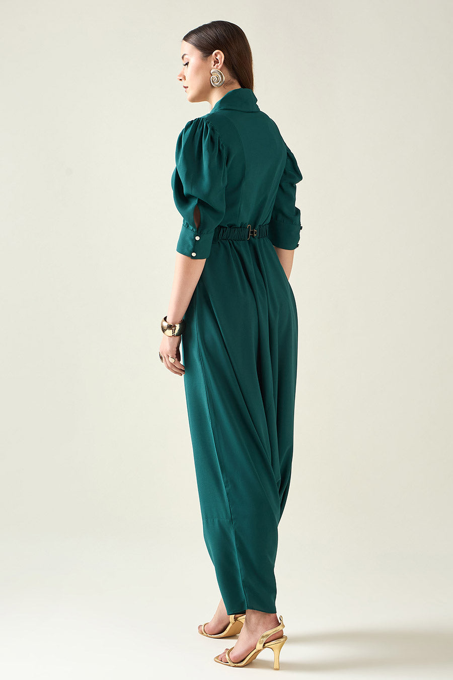 Green Alloy Jumpsuit With Metallic Finish Belt