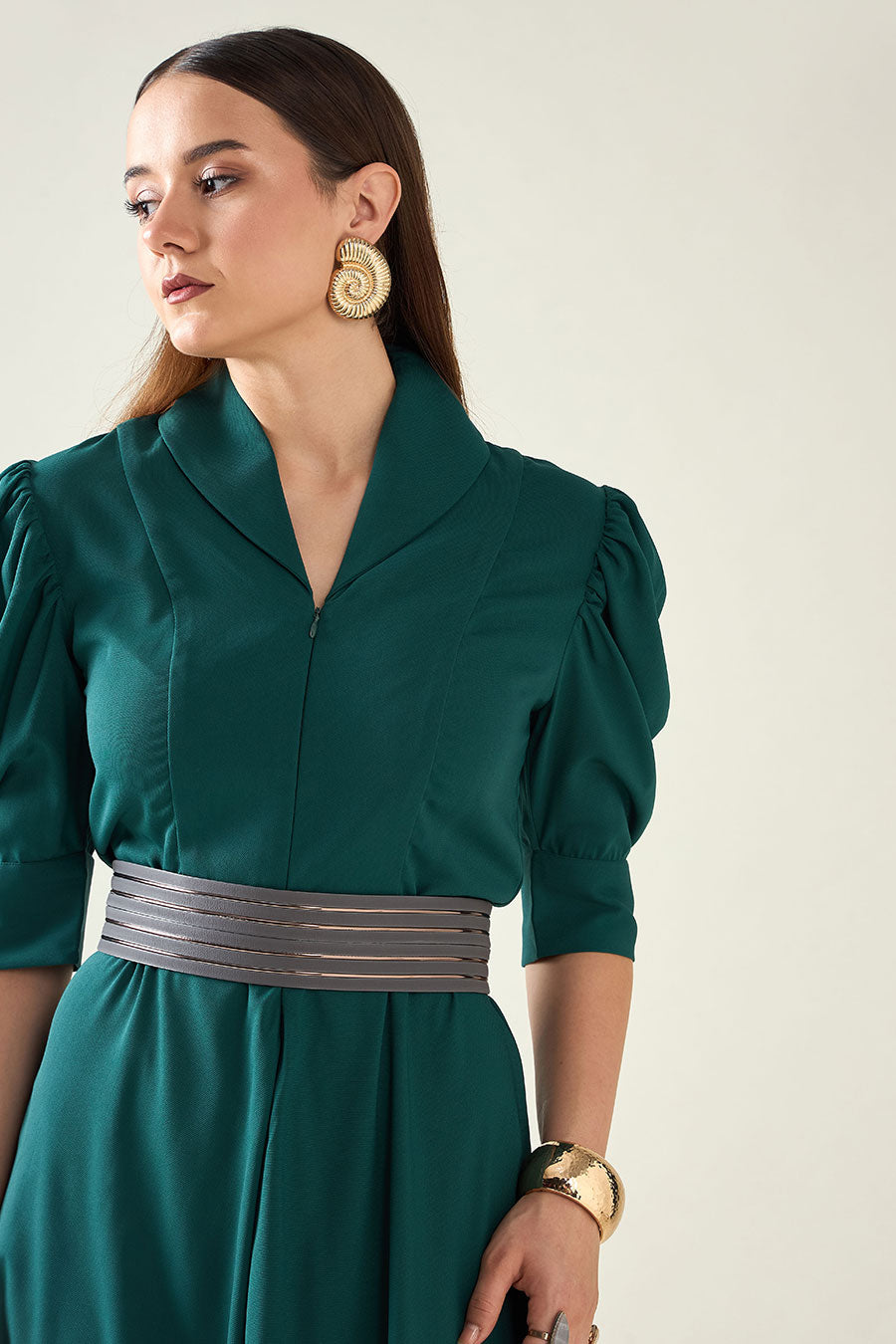 Green Alloy Jumpsuit With Metallic Finish Belt