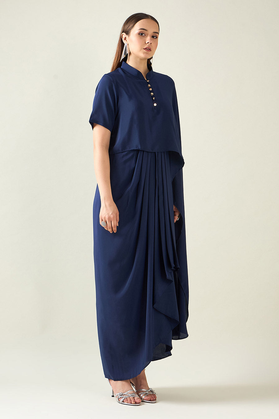 Navy Waterfall Drape Dress