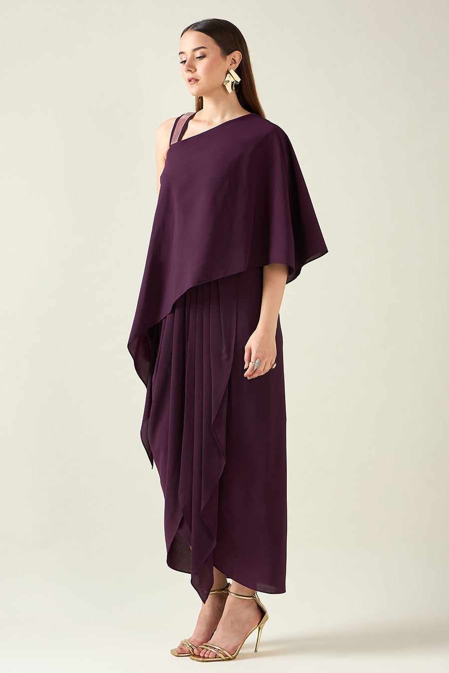 Purple Alloy Metallic Embellished Drape Dress