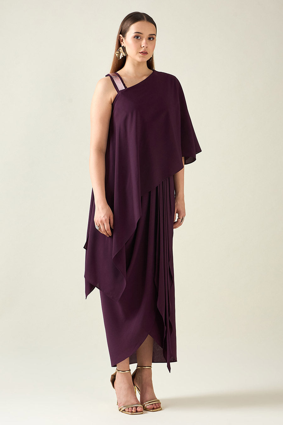 Purple Alloy Metallic Embellished Drape Dress