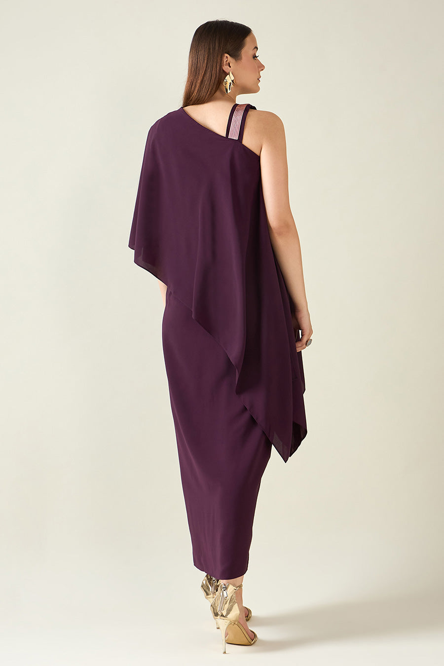 Purple Alloy Metallic Embellished Drape Dress