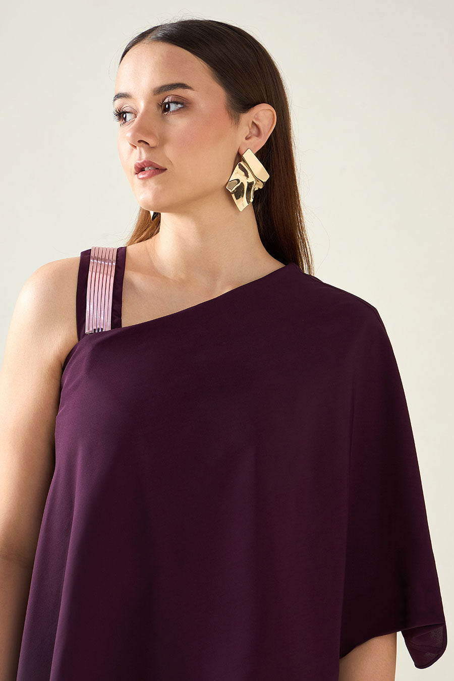 Purple Alloy Metallic Embellished Drape Dress