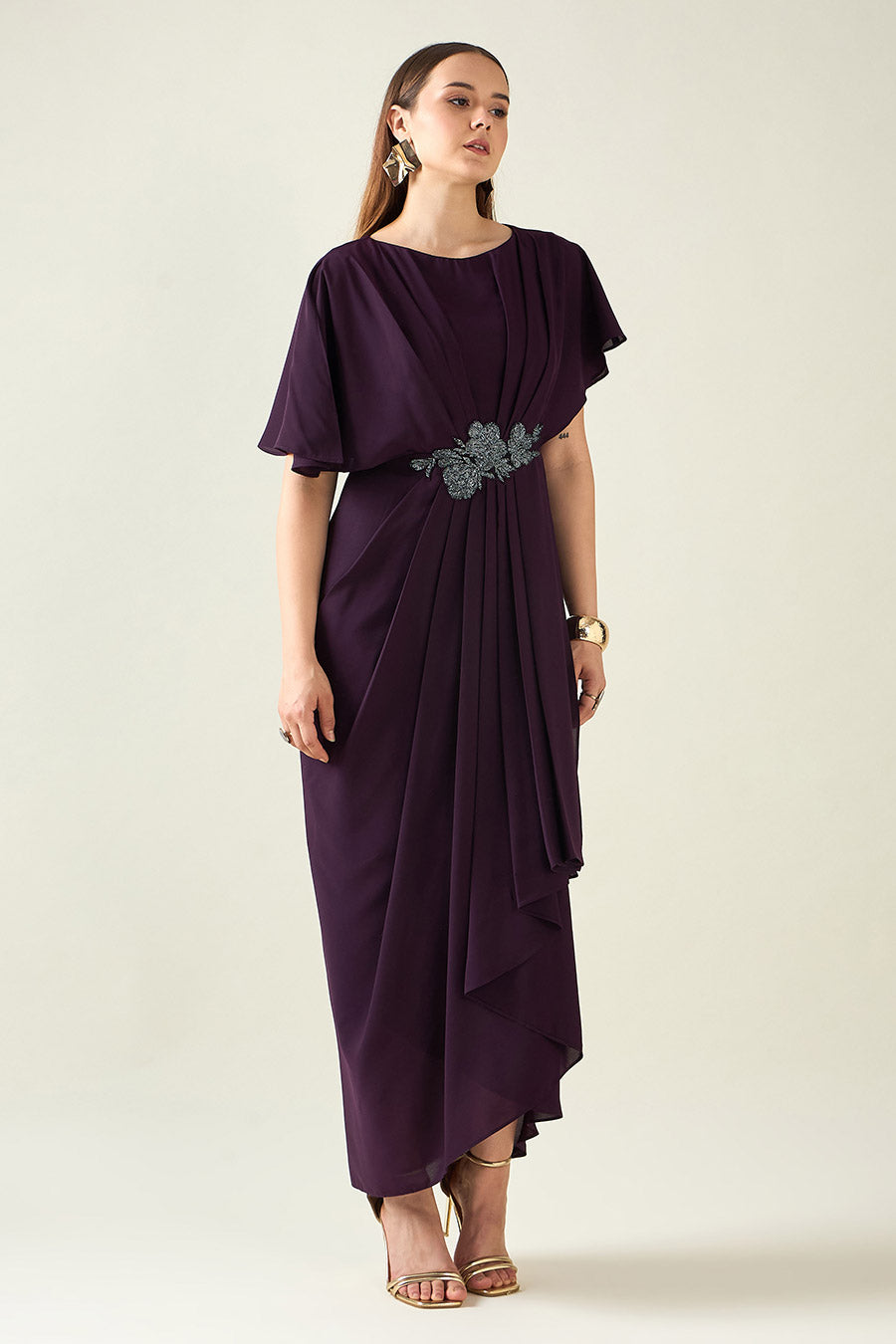 Purple Crystal Embellished Drape Dress