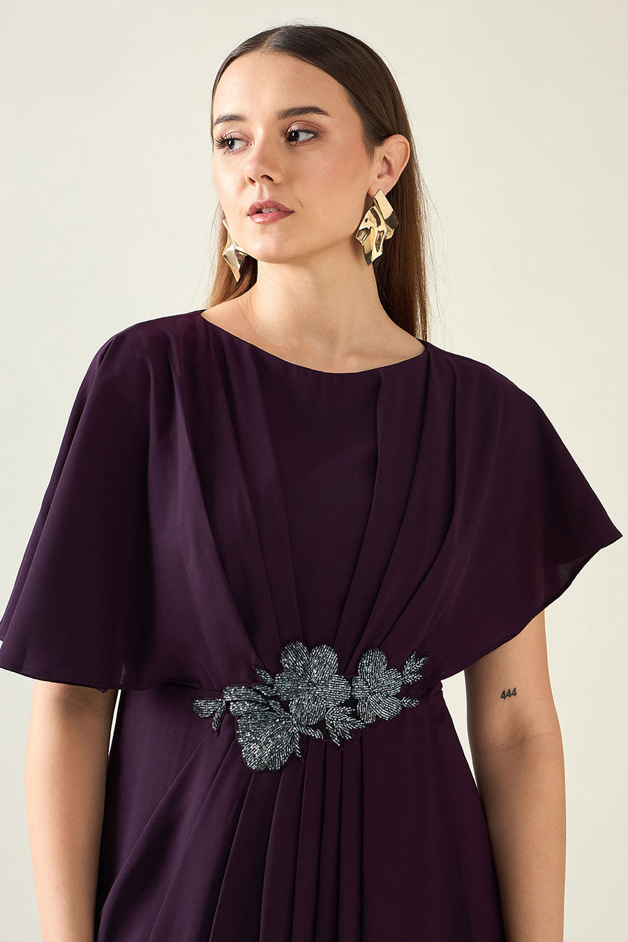 Purple Crystal Embellished Drape Dress