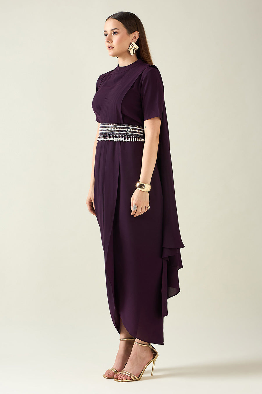 Purple Drape Saree Dress With Embellished Belt