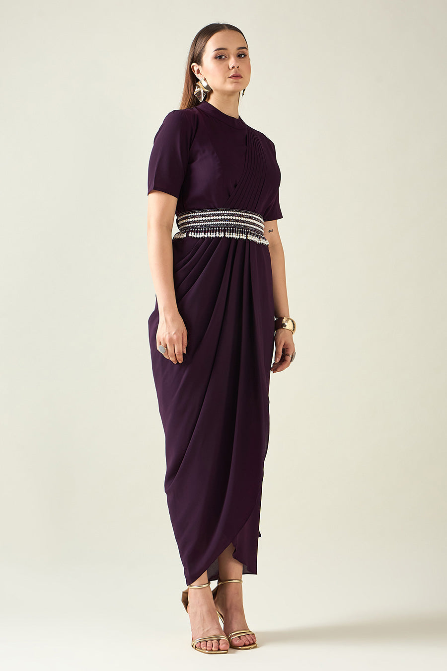 Purple Drape Saree Dress With Embellished Belt