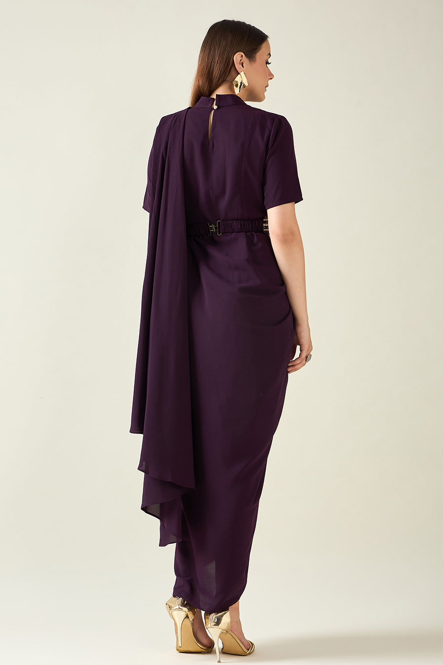 Purple Drape Saree Dress With Embellished Belt