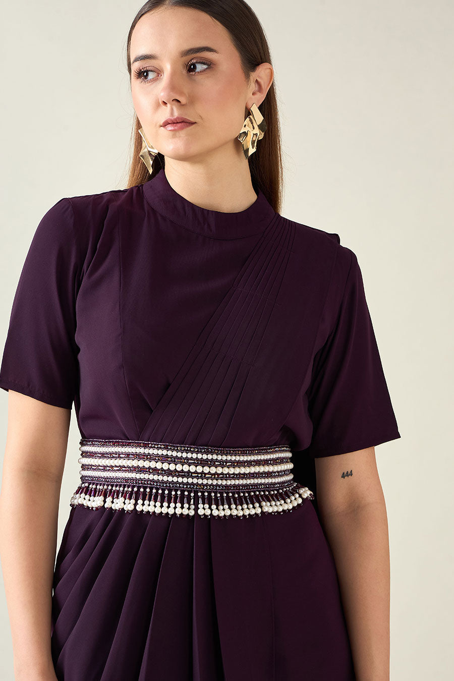 Purple Drape Saree Dress With Embellished Belt