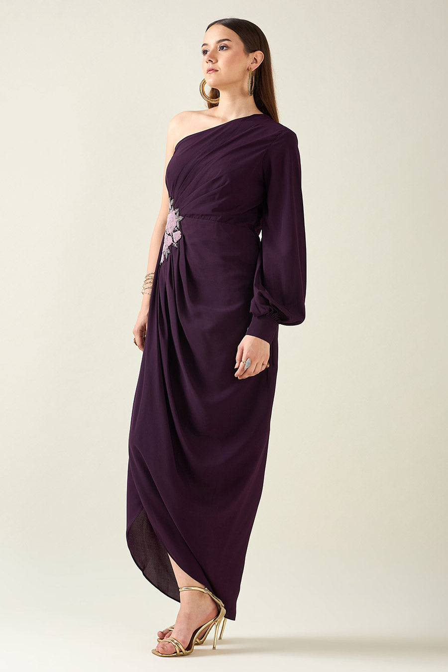 Purple One-Shoulder Embellished Drape Dress