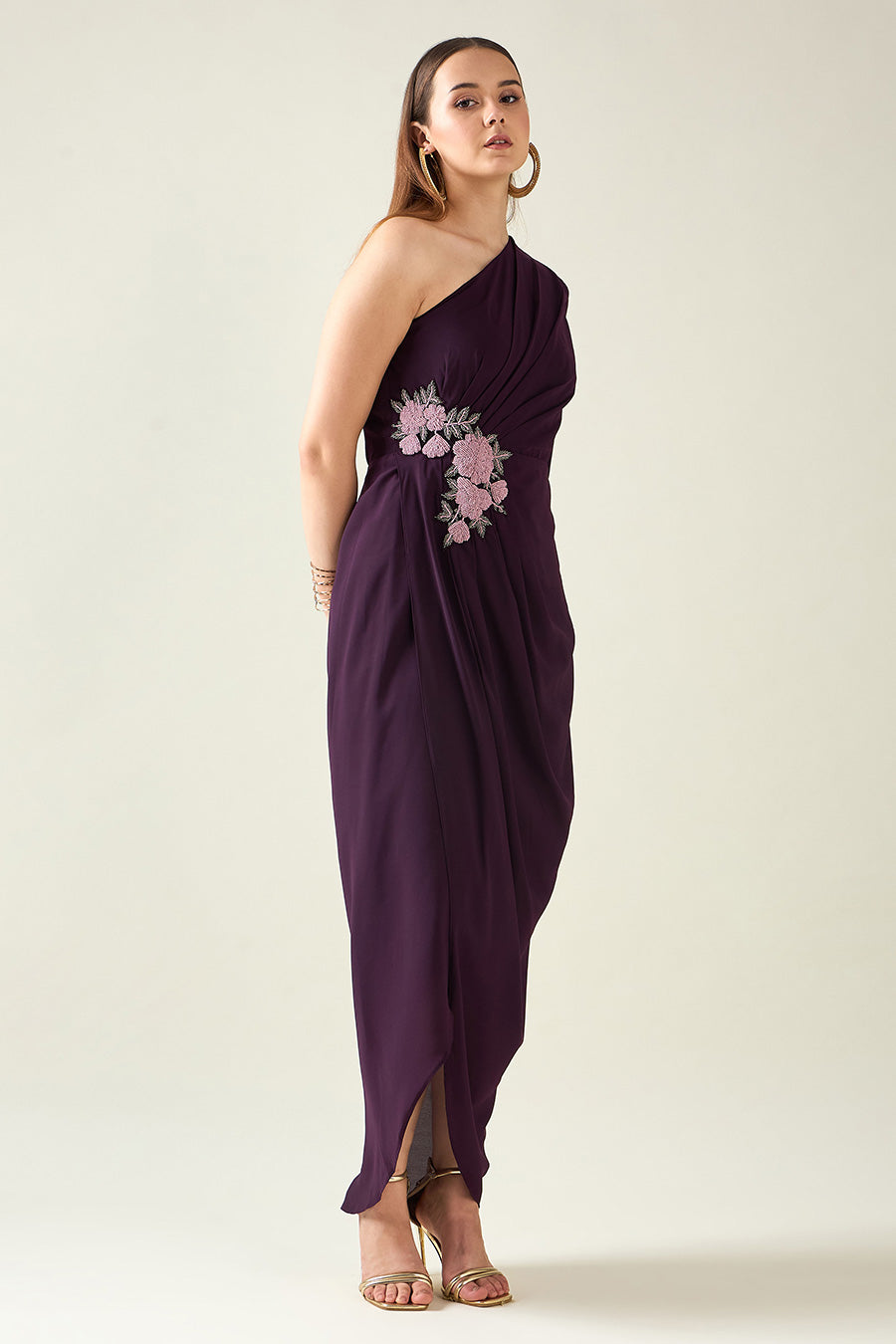 Purple One-Shoulder Embellished Drape Dress