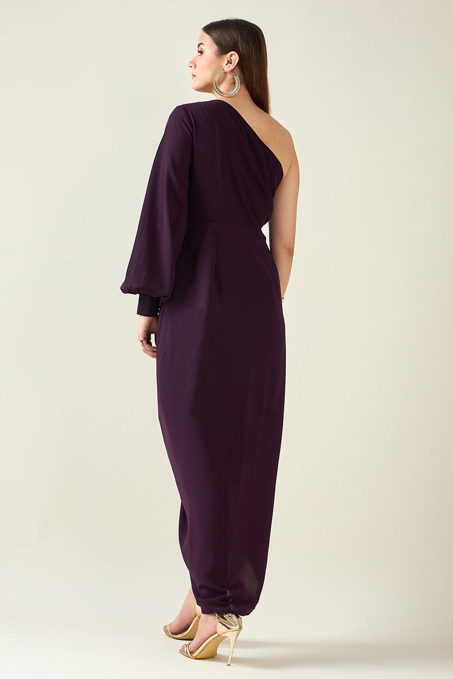 Purple One-Shoulder Embellished Drape Dress