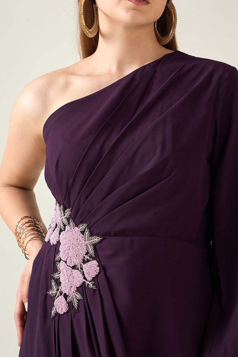 Purple One-Shoulder Embellished Drape Dress