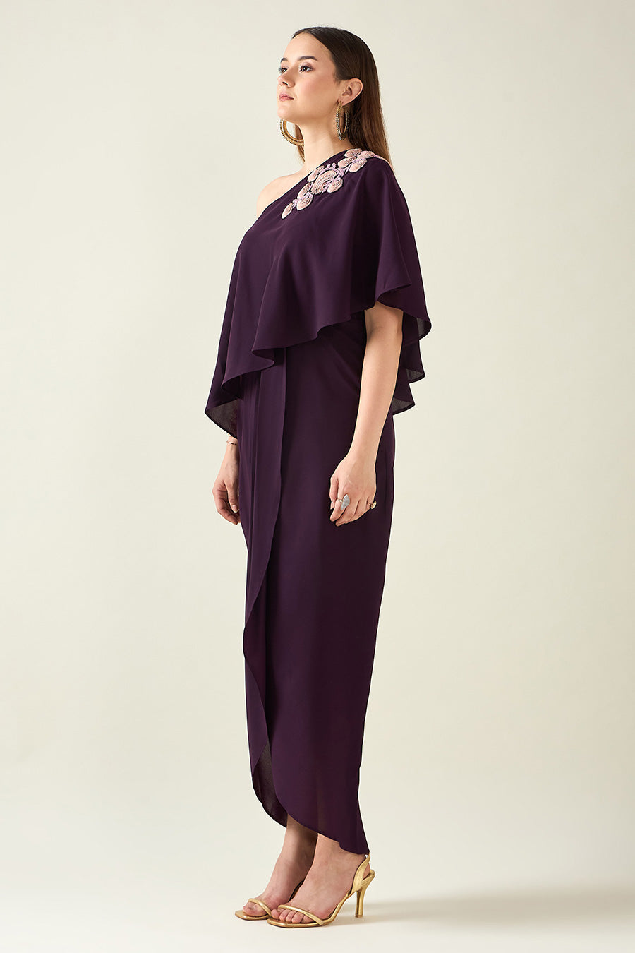 Purple One-Shoulder Embellished Drape Dress