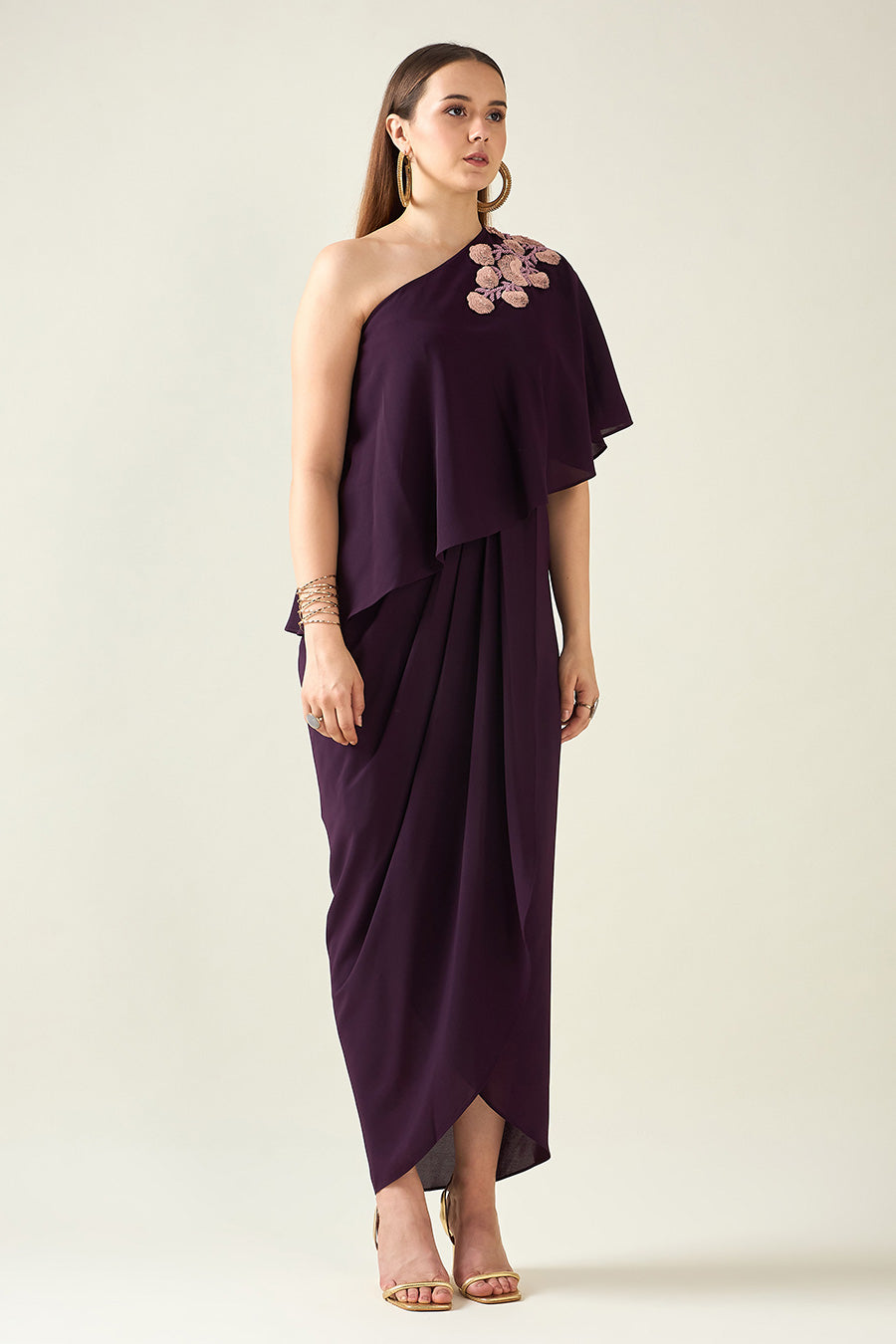 Purple One-Shoulder Embellished Drape Dress