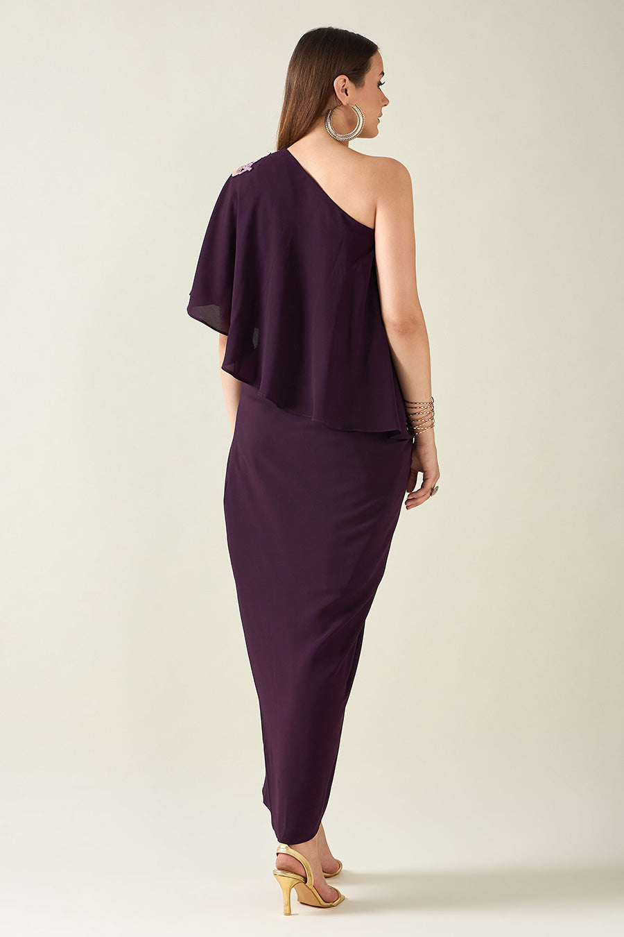 Purple One-Shoulder Embellished Drape Dress