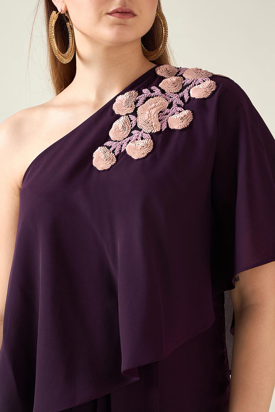 Purple One-Shoulder Embellished Drape Dress