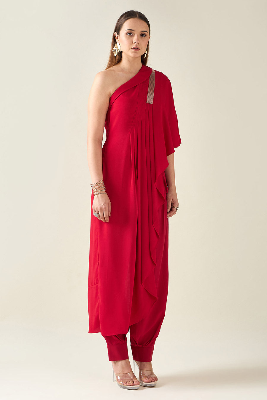 Red Embellished Drape Tunic & Pant Co-Ord Set