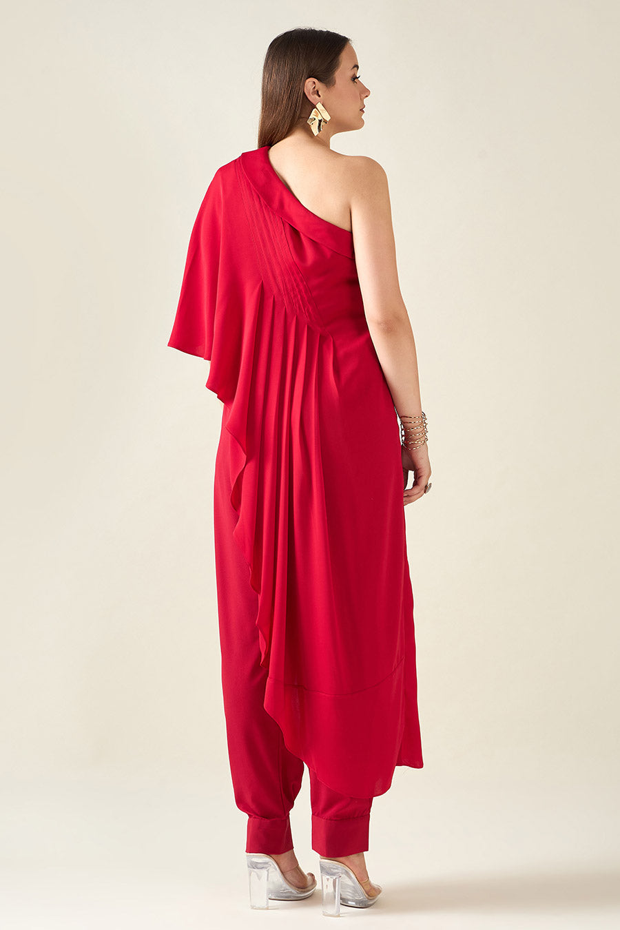 Red Embellished Drape Tunic & Pant Co-Ord Set