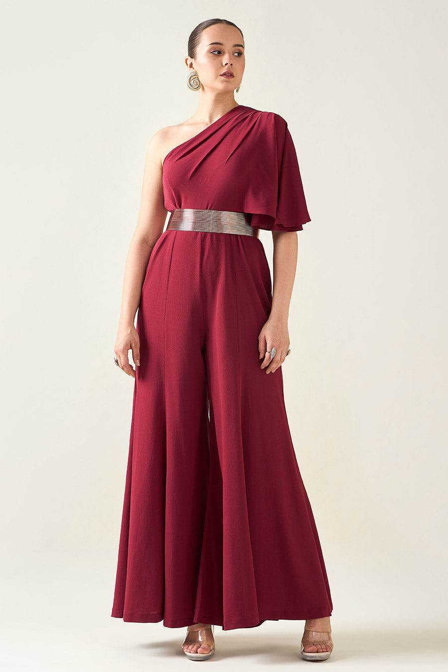 Wine Alloy Jumpsuit With Metallic Finish Belt