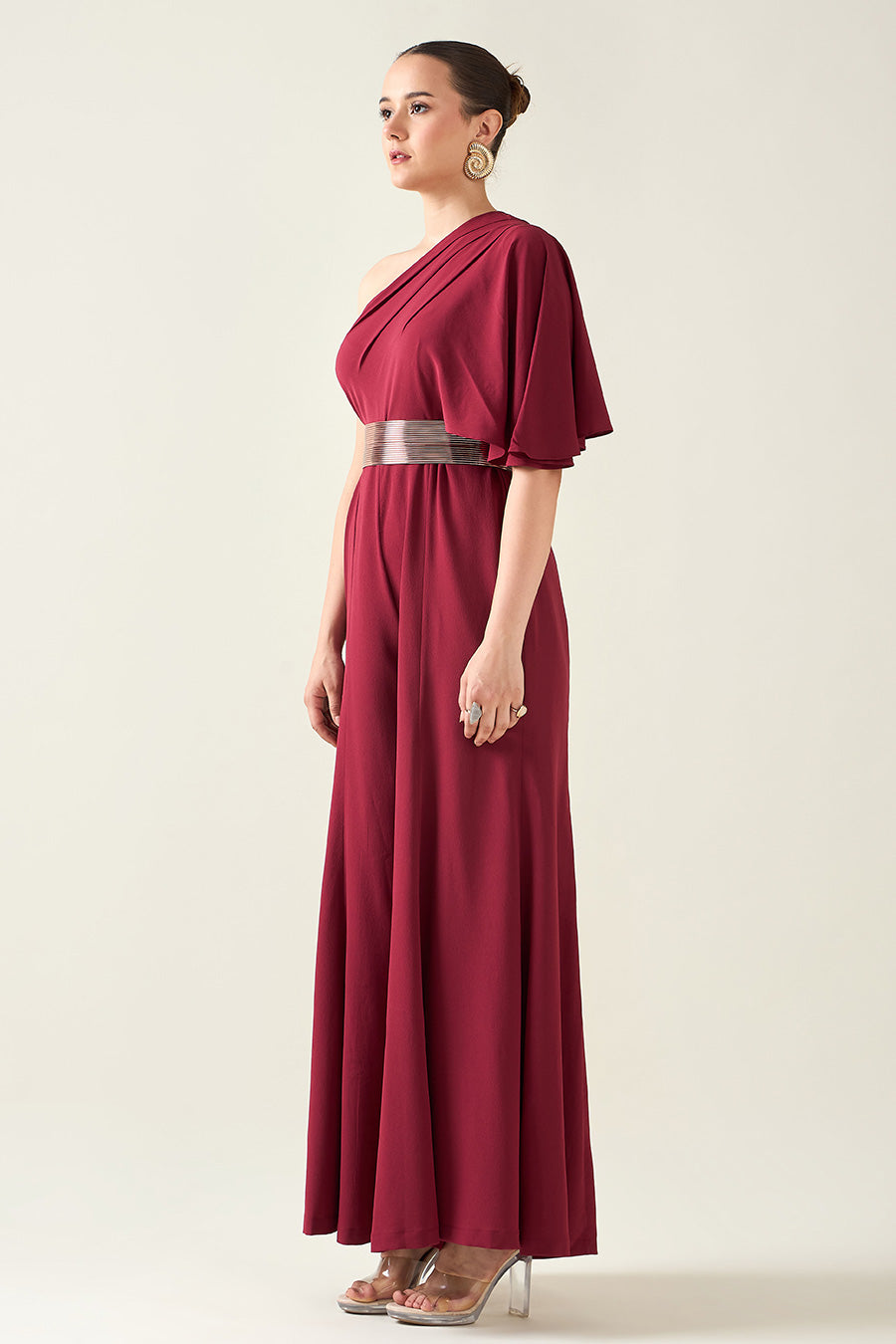 Wine Alloy Jumpsuit With Metallic Finish Belt