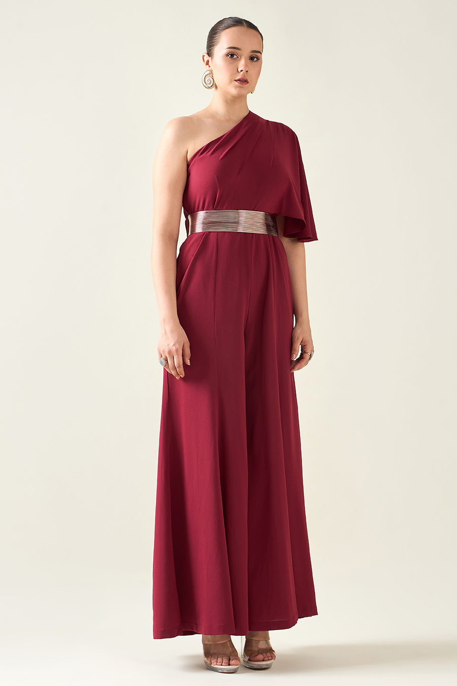 Wine Alloy Jumpsuit With Metallic Finish Belt