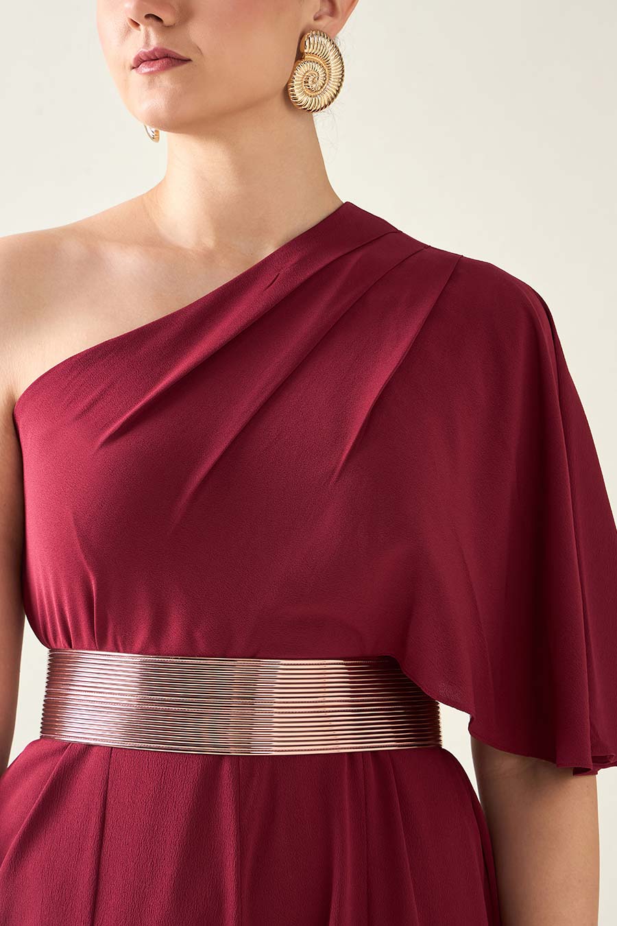 Wine Alloy Jumpsuit With Metallic Finish Belt