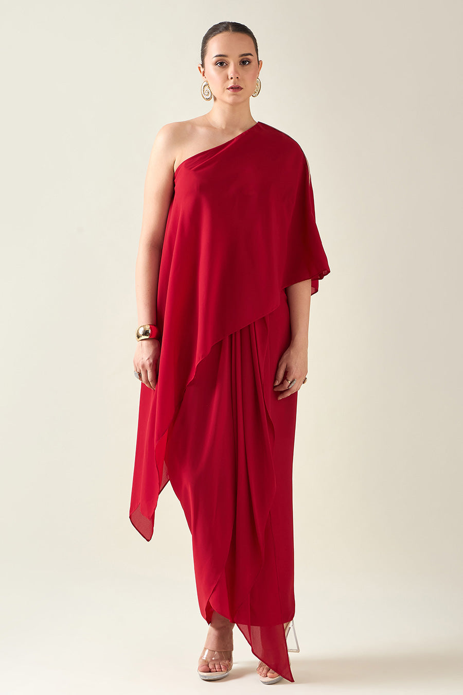 Red Alloy Metallic Embellished Drape Dress