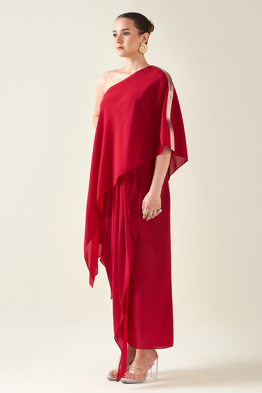 Red Alloy Metallic Embellished Drape Dress