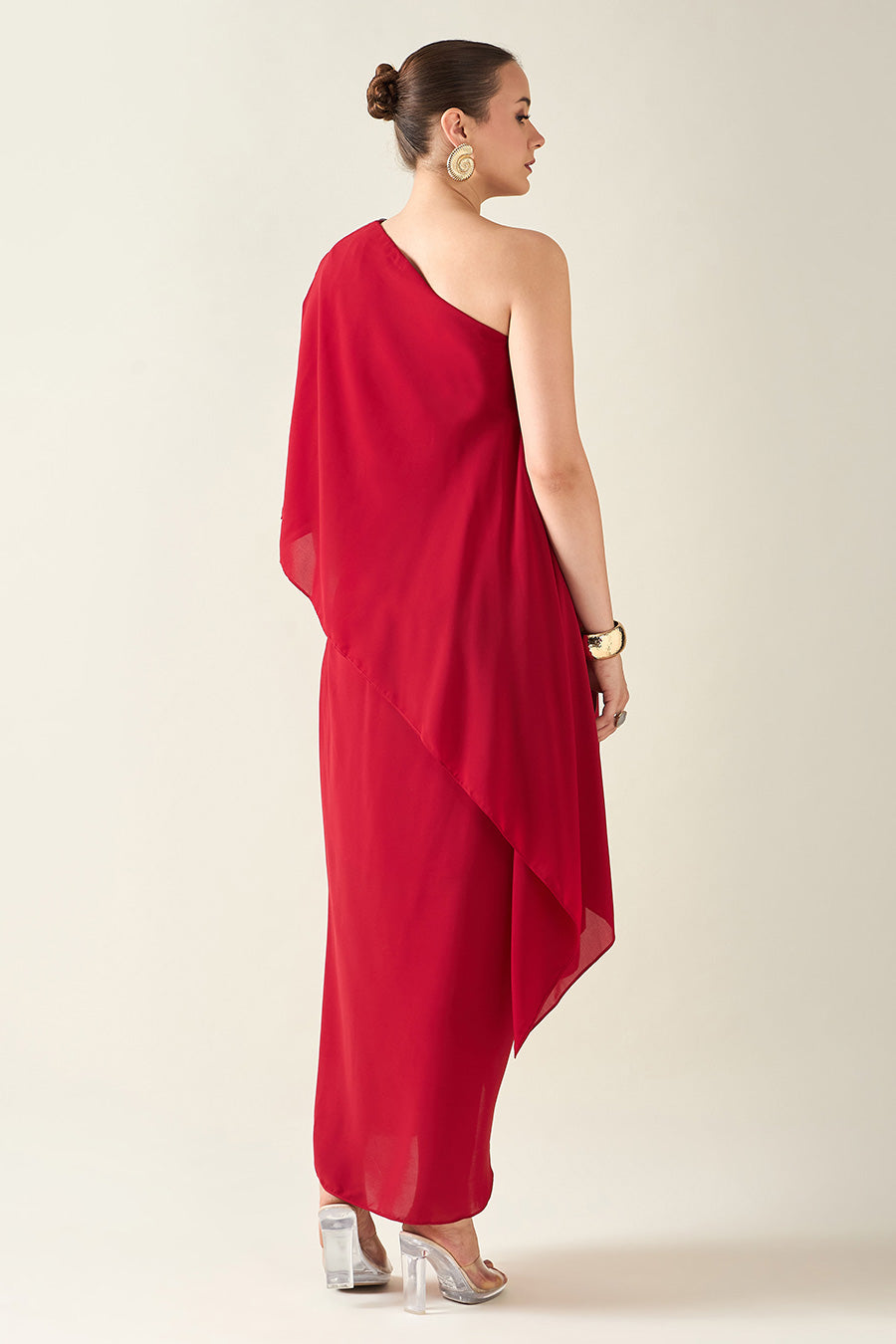 Red Alloy Metallic Embellished Drape Dress