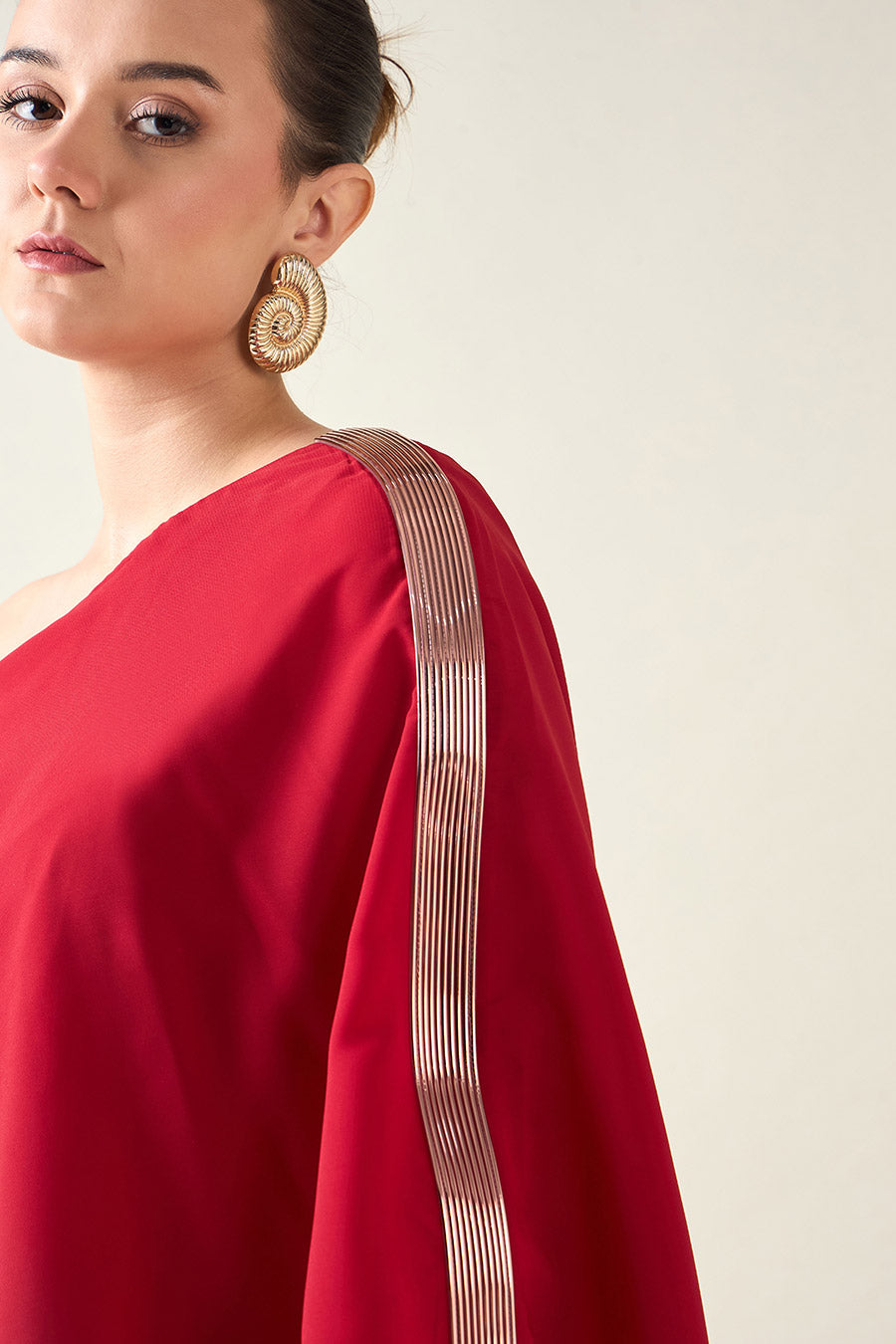 Red Alloy Metallic Embellished Drape Dress