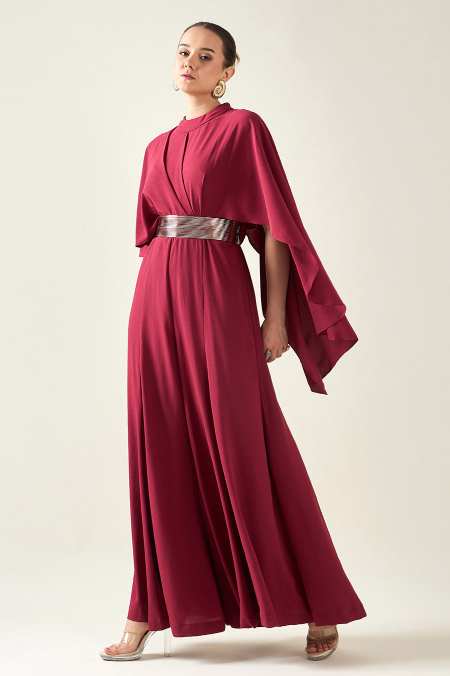 Wine Alloy Jumpsuit With Metallic Finish Belt