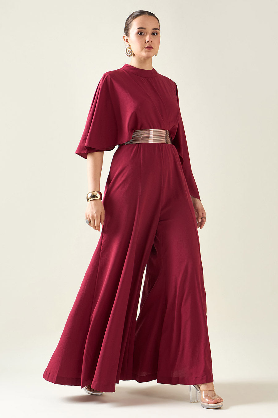 Wine Alloy Jumpsuit With Metallic Finish Belt