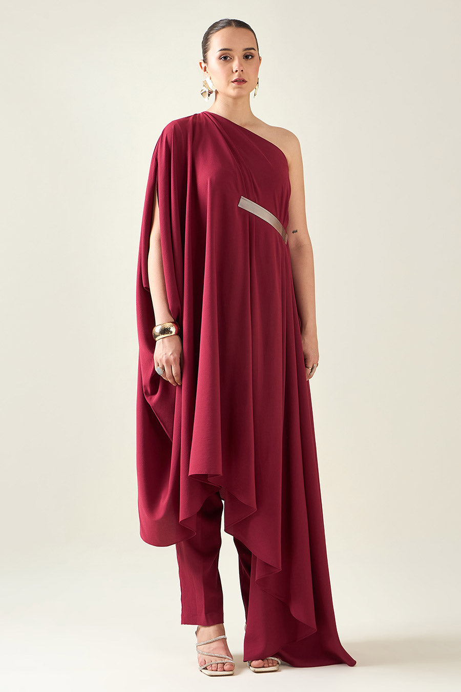 Wine Metallic Embellished Draped Tunic Co-Ord Set