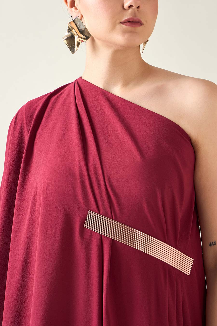 Wine Metallic Embellished Draped Tunic Co-Ord Set