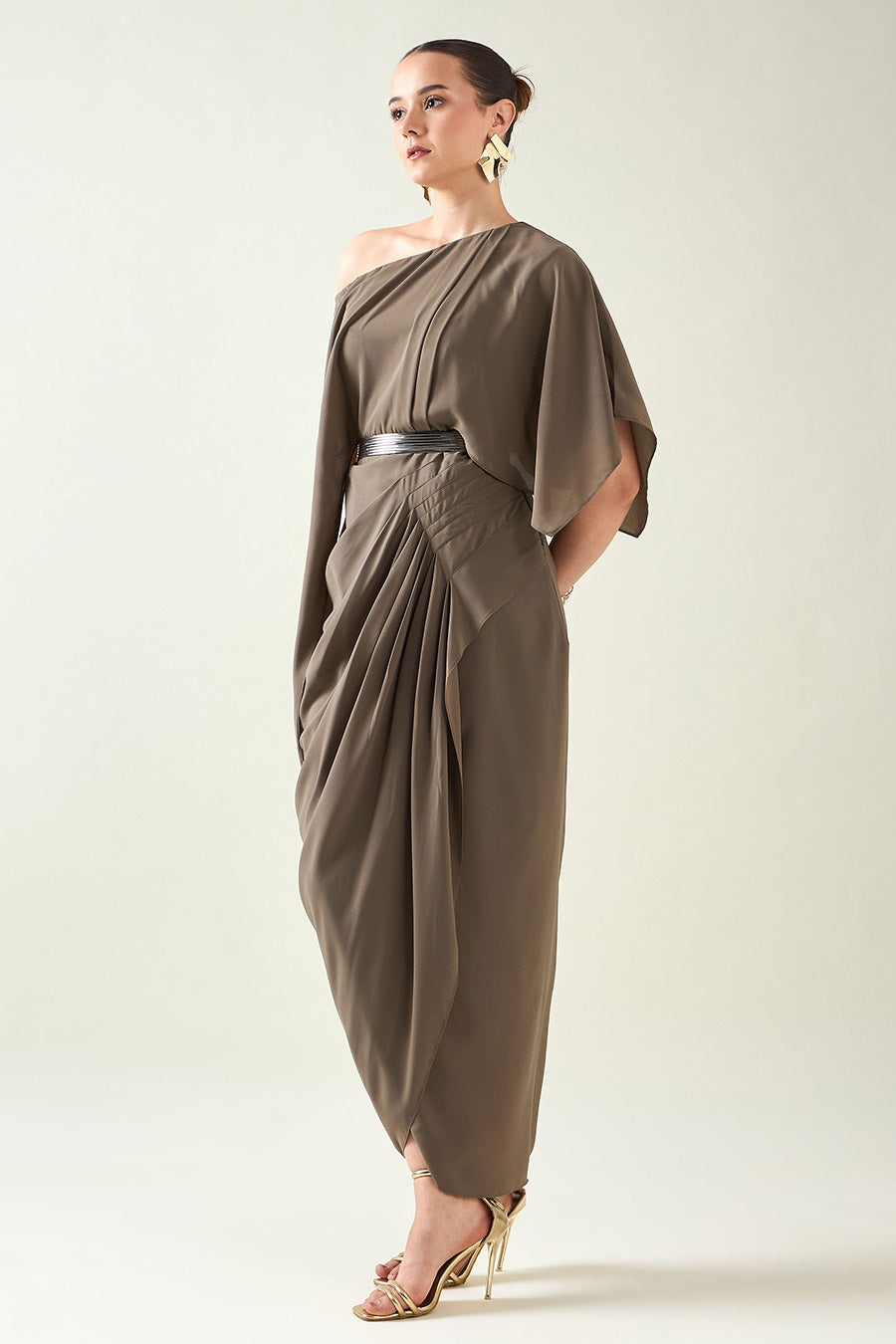 Olive Drape Dress With Metallic Finish Belt