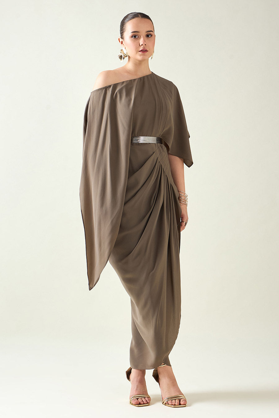 Olive Drape Dress With Metallic Finish Belt